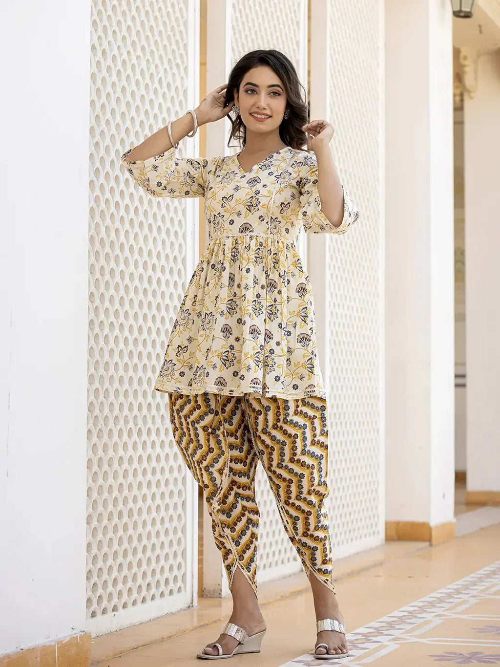 Yufta Yellow Gotta Patti Kurti with Dhoti Pants Set