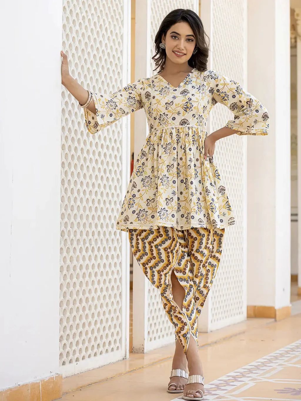 Yufta Yellow Gotta Patti Kurti with Dhoti Pants Set