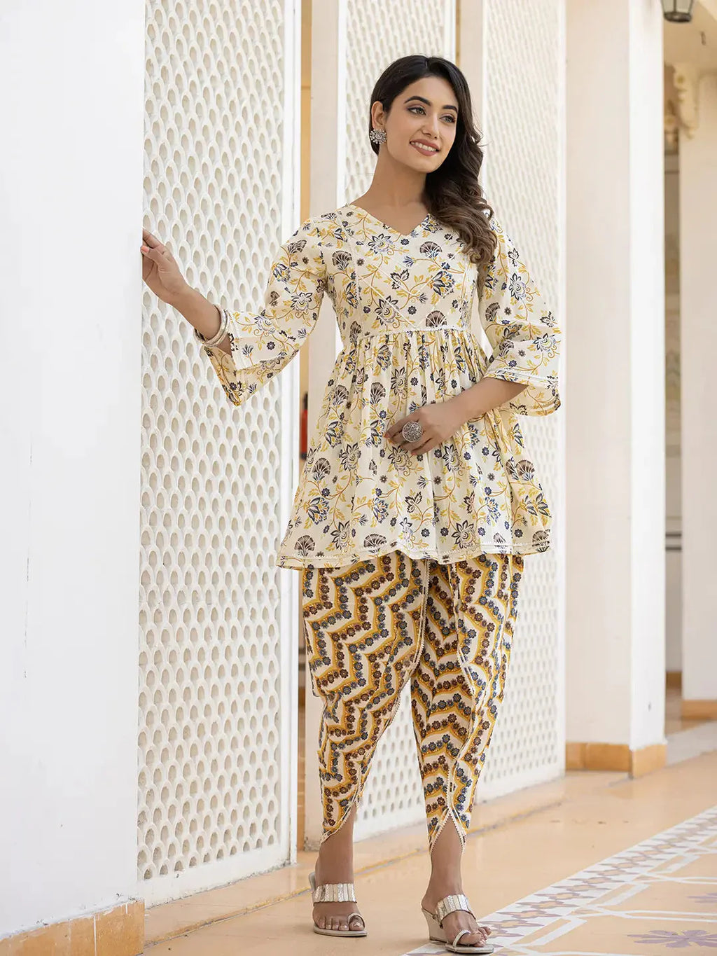 Yufta Yellow Gotta Patti Kurti with Dhoti Pants Set