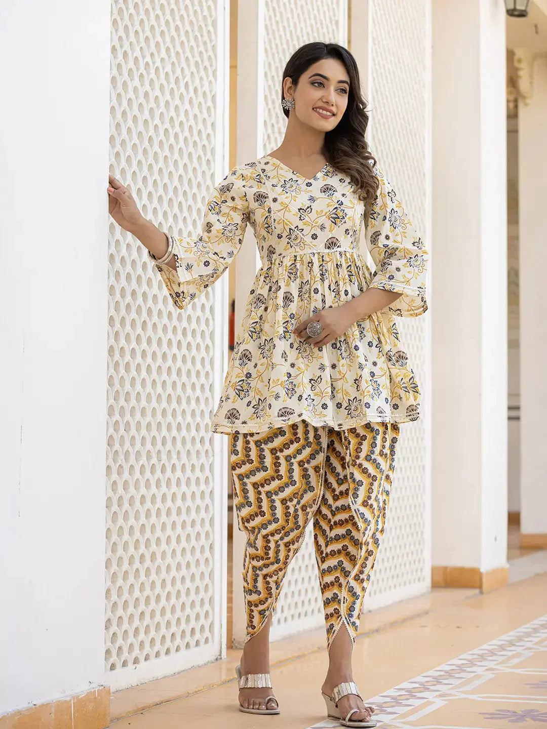 Yufta Yellow Gotta Patti Kurti with Dhoti Pants Set