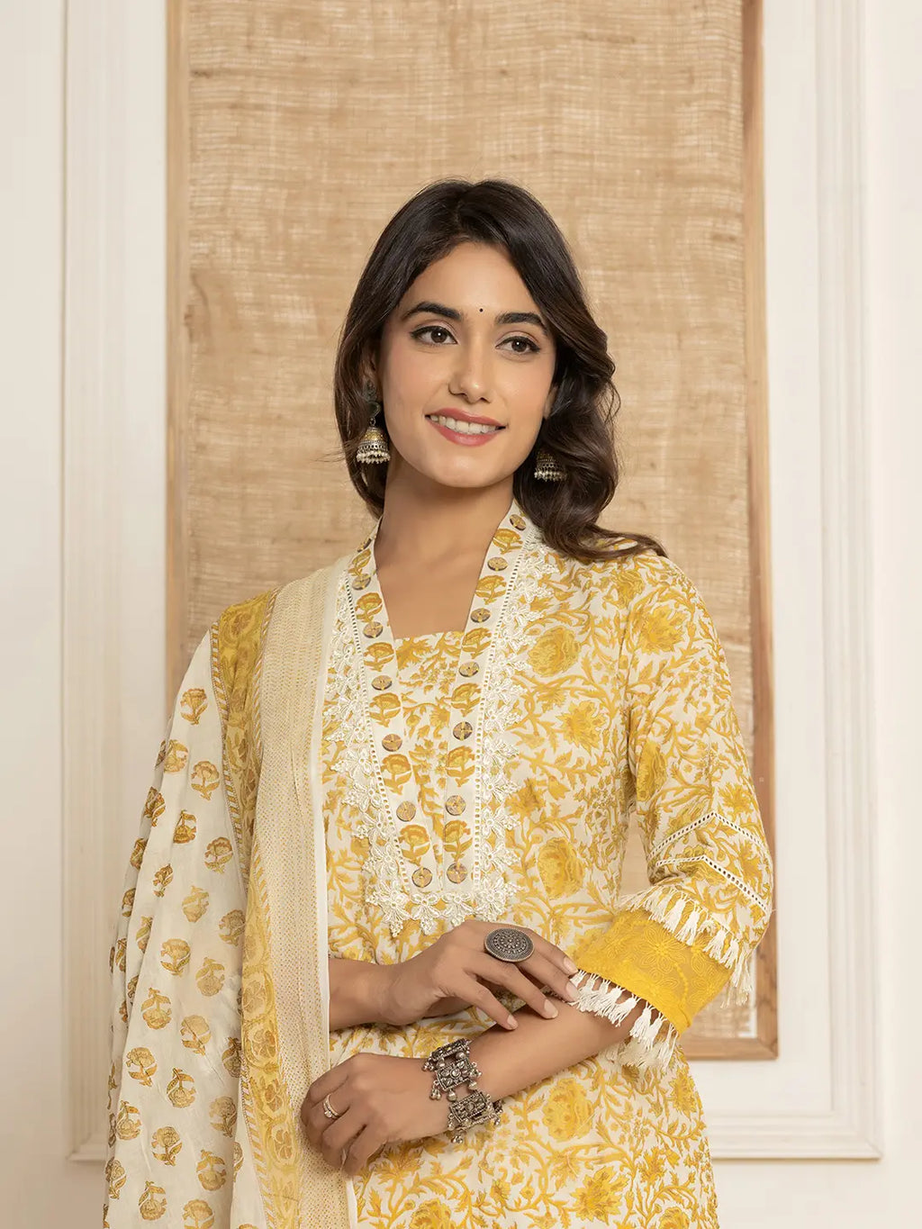 Yufta Yellow Floral_Print Cotton Straight Tassel Work Kurta And Trousers With Dupatta