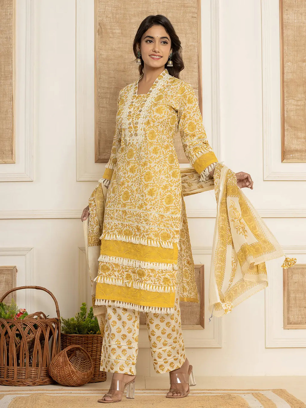 Yufta Yellow Floral_Print Cotton Straight Tassel Work Kurta And Trousers With Dupatta