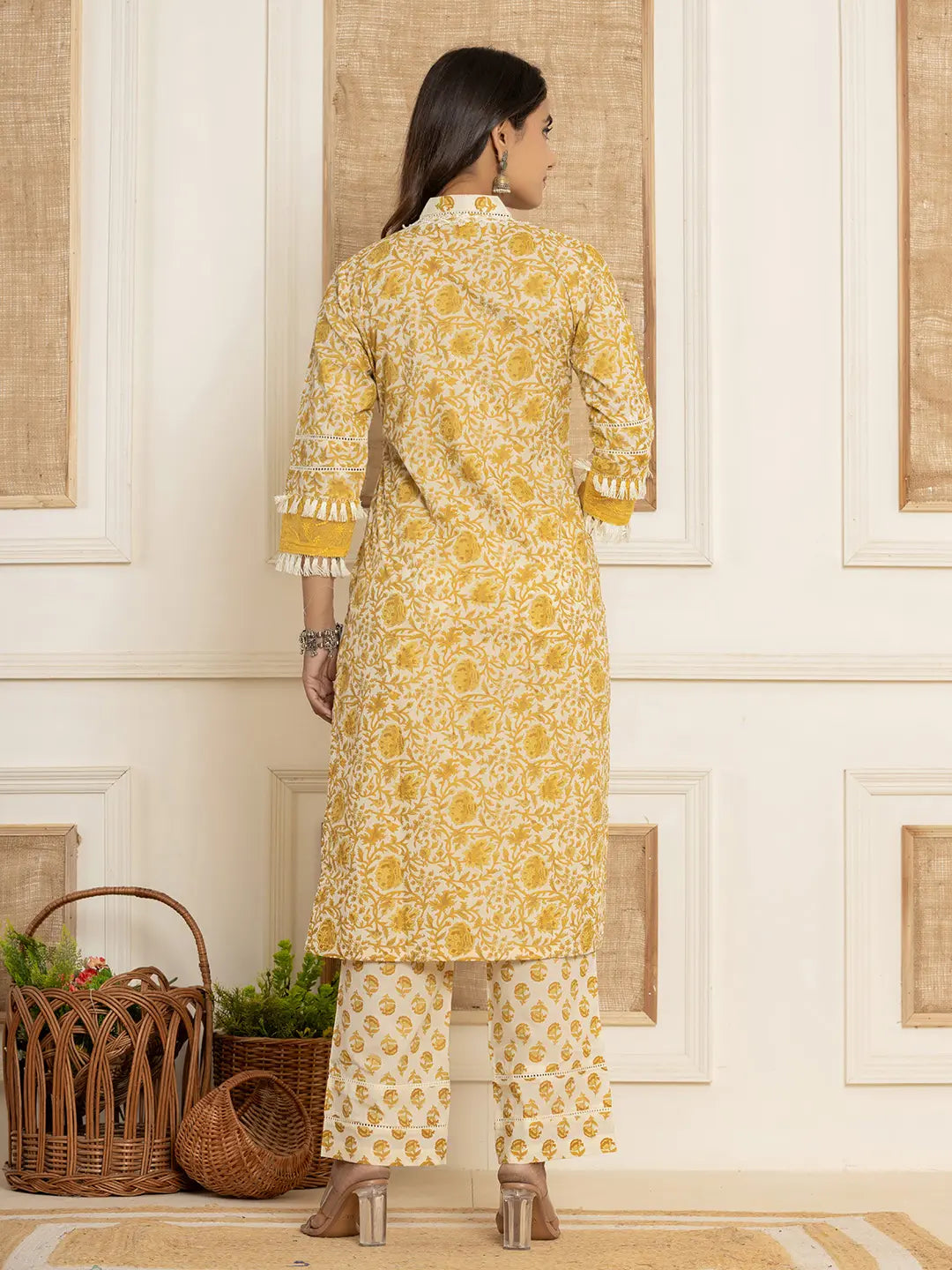 Yufta Yellow Floral_Print Cotton Straight Tassel Work Kurta And Trousers With Dupatta