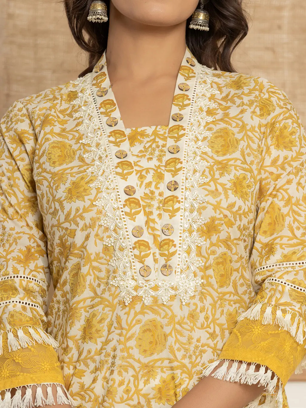 Yufta Yellow Floral_Print Cotton Straight Tassel Work Kurta And Trousers With Dupatta