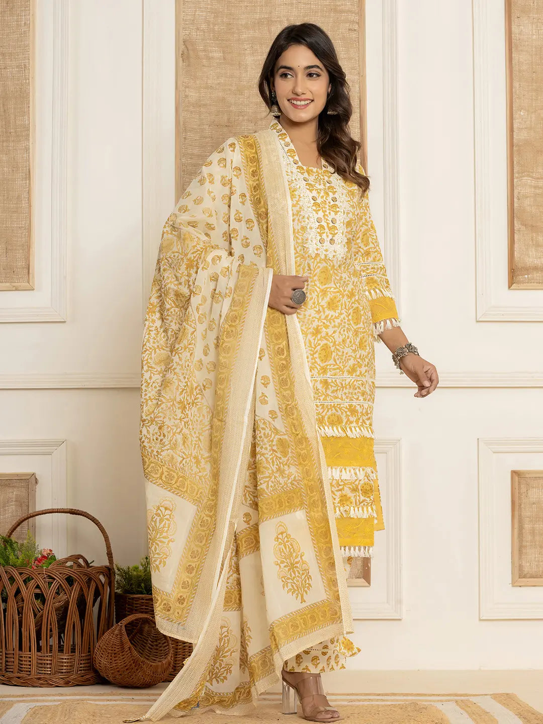 Yufta Yellow Floral_Print Cotton Straight Tassel Work Kurta And Trousers With Dupatta