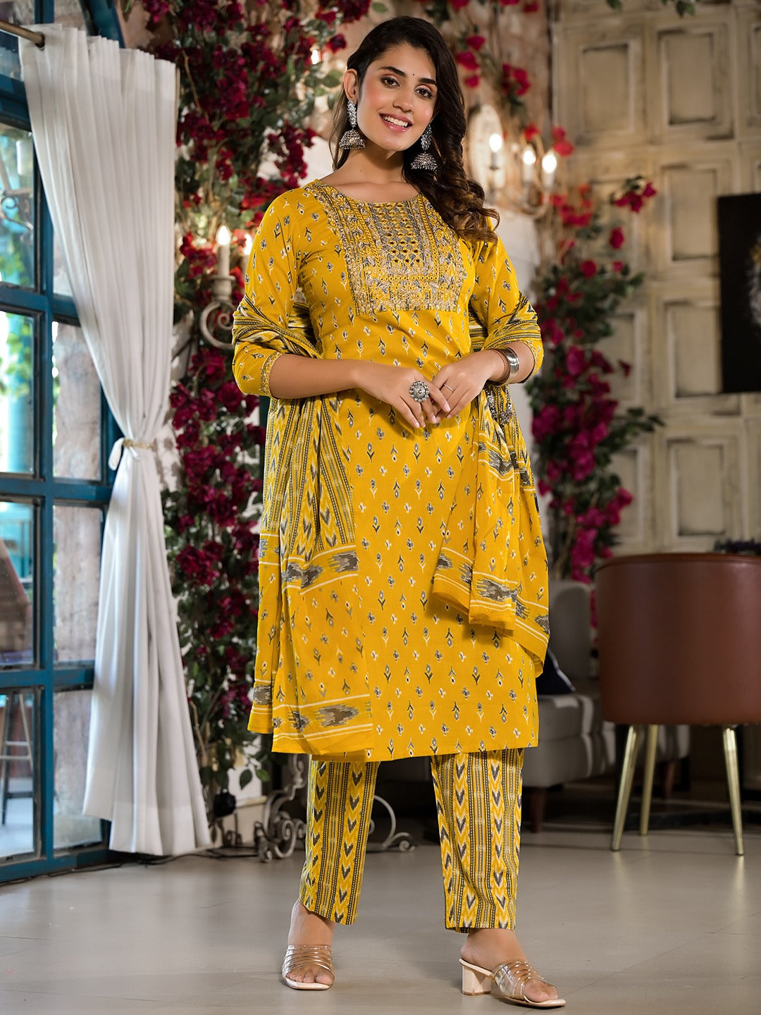 Yufta Yellow Pure Cotton Dori_Embroidery Kurta Trouser With Dupatta Set