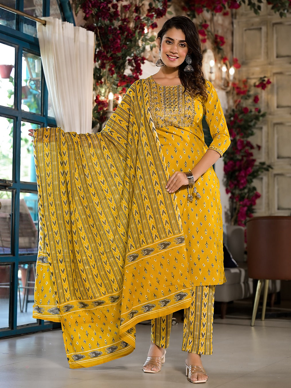 Yufta Yellow Pure Cotton Dori_Embroidery Kurta Trouser With Dupatta Set