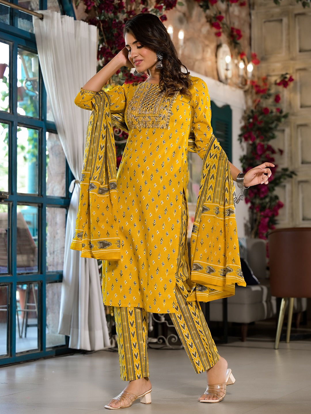 Yufta Yellow Pure Cotton Dori_Embroidery Kurta Trouser With Dupatta Set