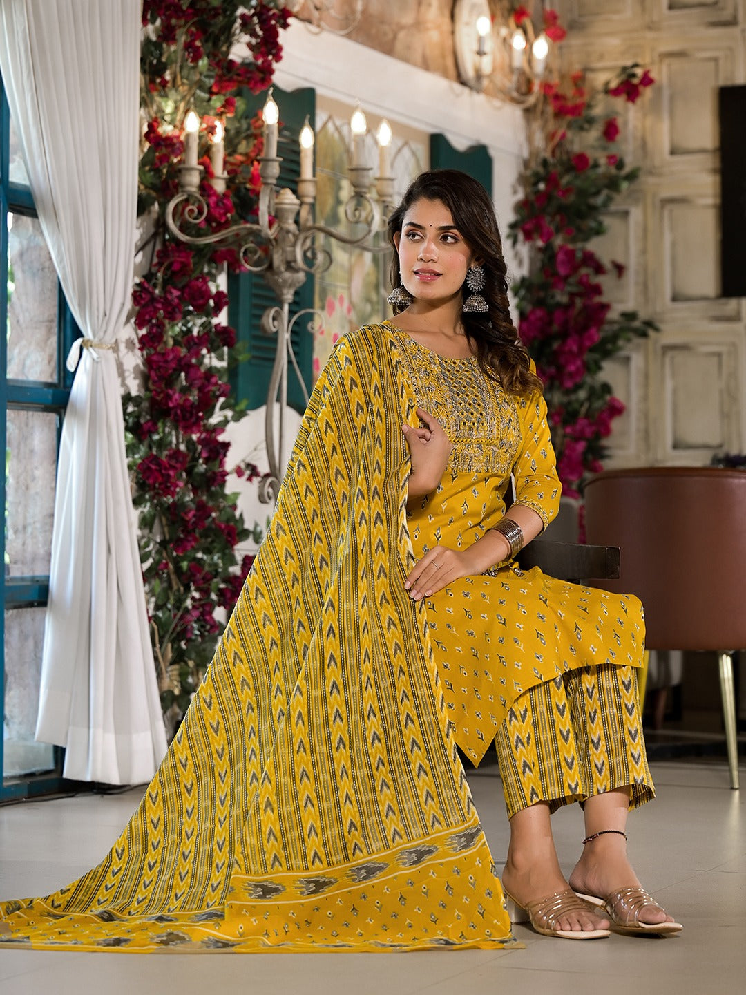 Yufta Yellow Pure Cotton Dori_Embroidery Kurta Trouser With Dupatta Set