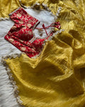 Lorenvalley Fashion Premium Yellow Tissue Crush Saree with Jacquard Weaving Stitched Blouse