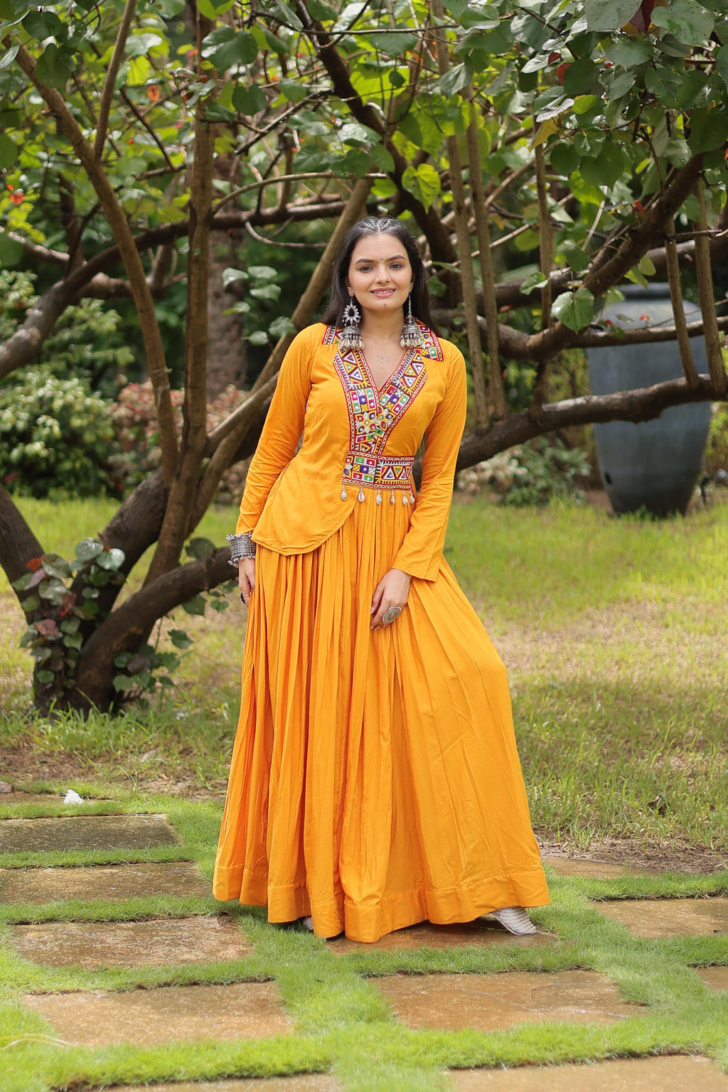Lorenvalley Yellow Rayon Fabric With Kutchi Gamthi Work Gown
