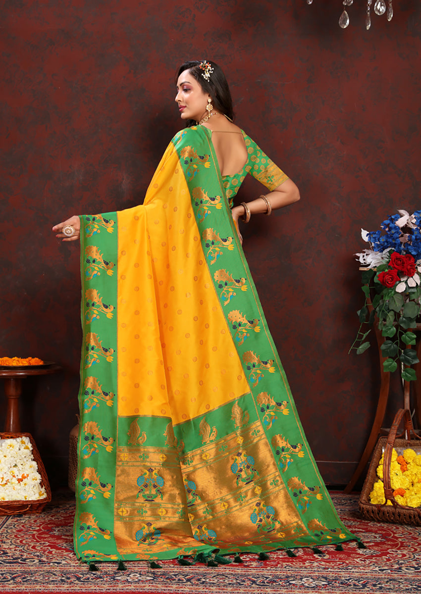 Lorenvalley Fashion Yellow Soft Paithani Silk Woven Design Rich Zari Meenakari Weaving Saree