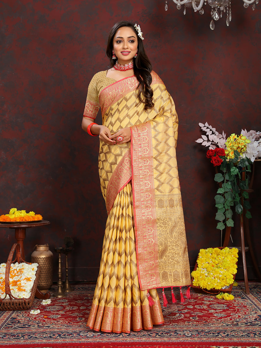 Lorenvalley Fashion Yellow Soft Katan Silk Woven Design Rich Zari Weaving Pallu Saree