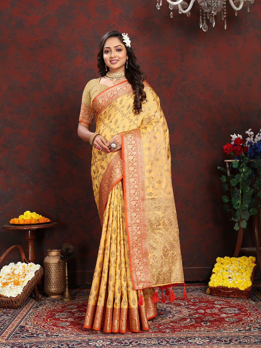 Lorenvalley Fashion Yellow Soft Katan Silk Woven Design Rich Zari Weaving Pallu Saree