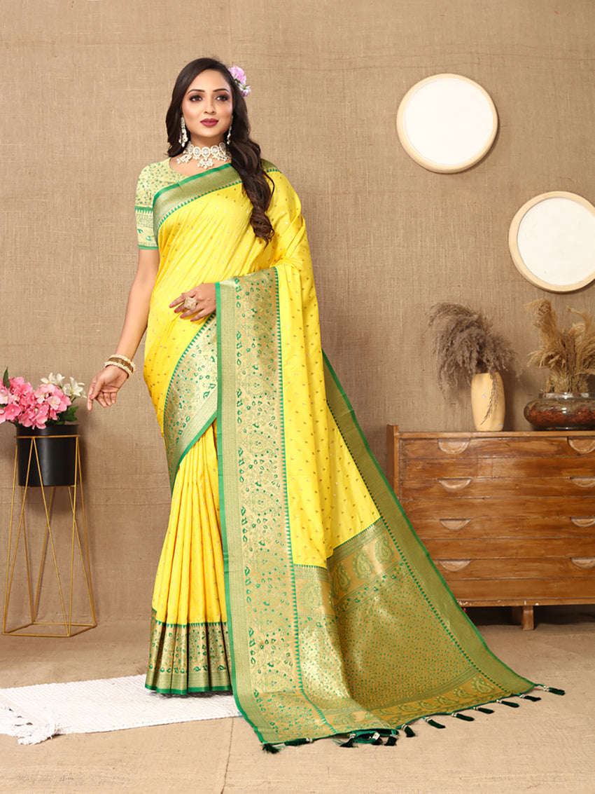 Lorenvalley Fashion Yellow Soft Silk weaving Design Rich Zari Weaving Saree