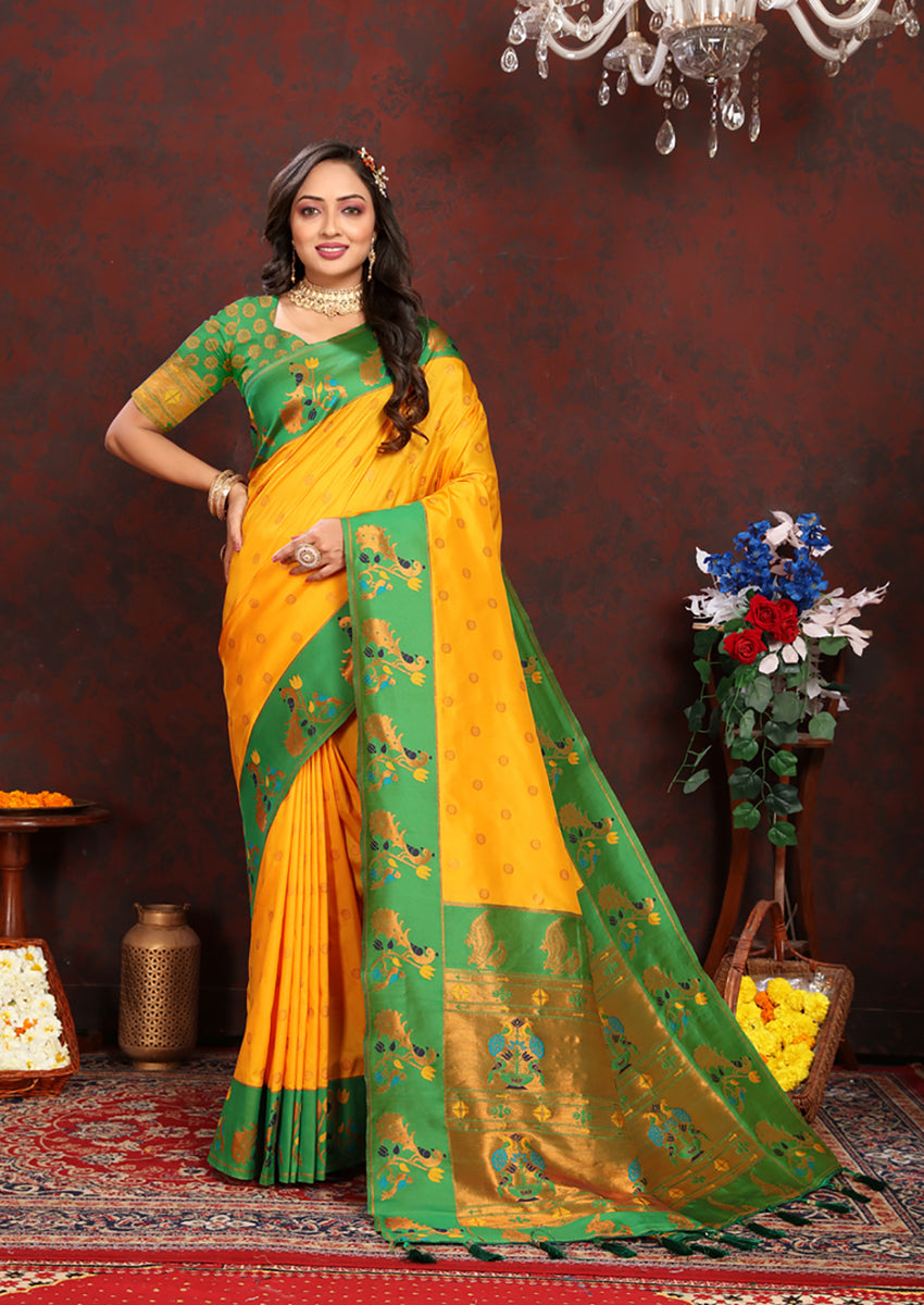 Lorenvalley Fashion Yellow Soft Paithani Silk Woven Design Rich Zari Meenakari Weaving Saree