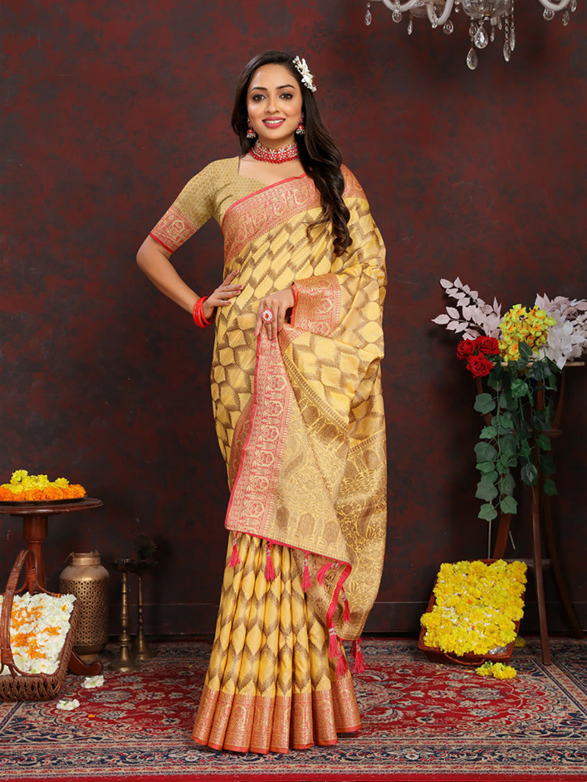 Lorenvalley Fashion Yellow Soft Katan Silk Woven Design Rich Zari Weaving Pallu Saree