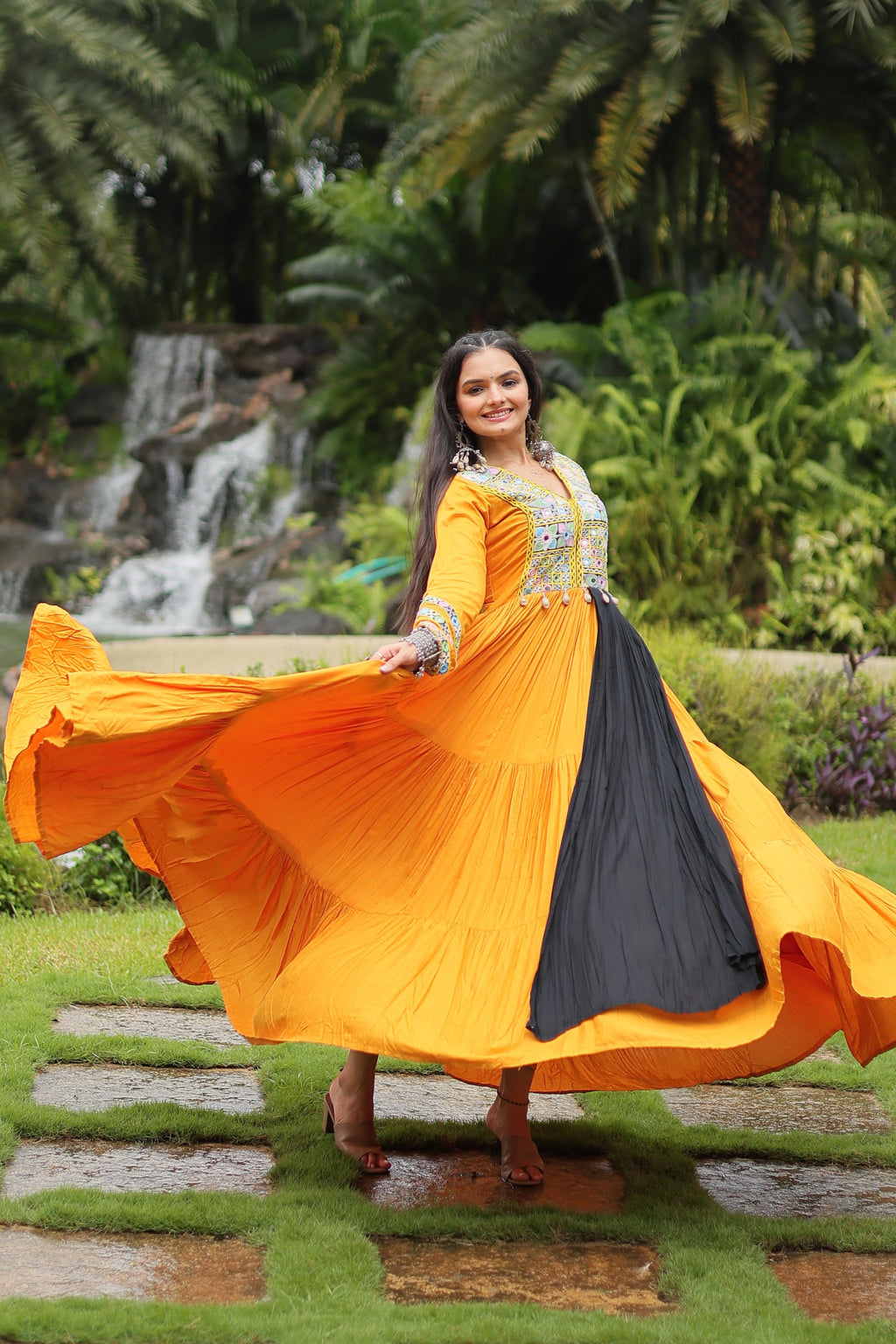 Lorenvalley Yellow Rayon Fabric With Kutchi Gamthi Work Gown