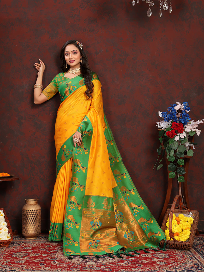 Lorenvalley Fashion Yellow Soft Paithani Silk Woven Design Rich Zari Meenakari Weaving Saree