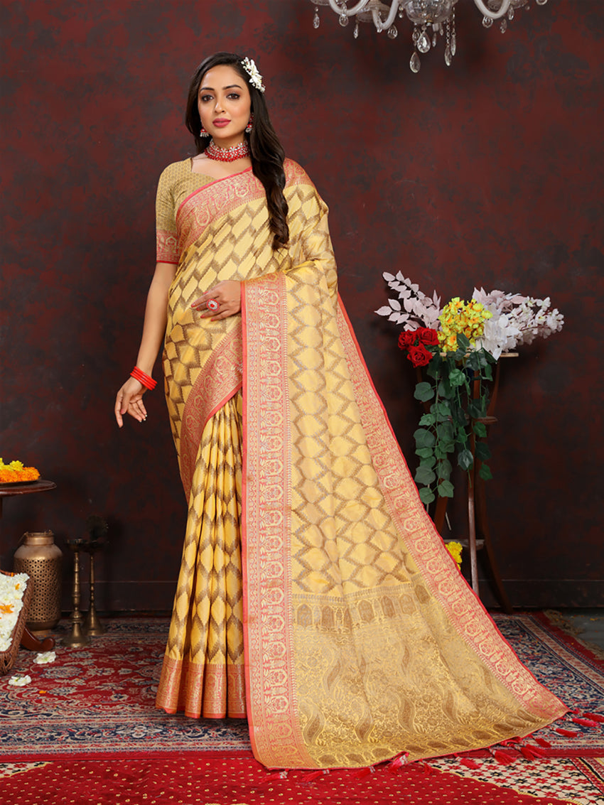 Lorenvalley Fashion Yellow Soft Katan Silk Woven Design Rich Zari Weaving Pallu Saree