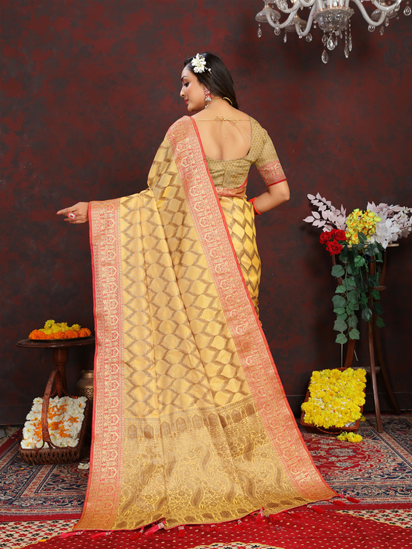 Lorenvalley Fashion Yellow Soft Katan Silk Woven Design Rich Zari Weaving Pallu Saree