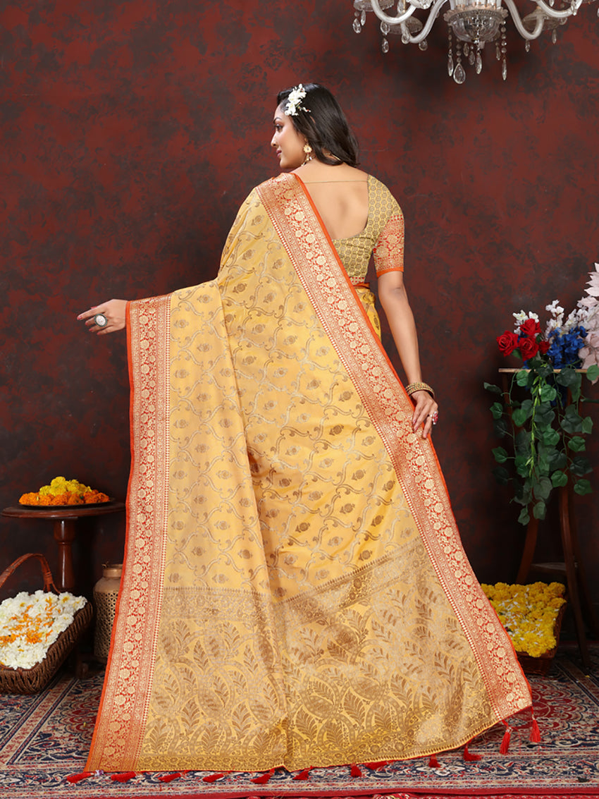 Lorenvalley Fashion Yellow Soft Katan Silk Woven Design Rich Zari Weaving Pallu Saree