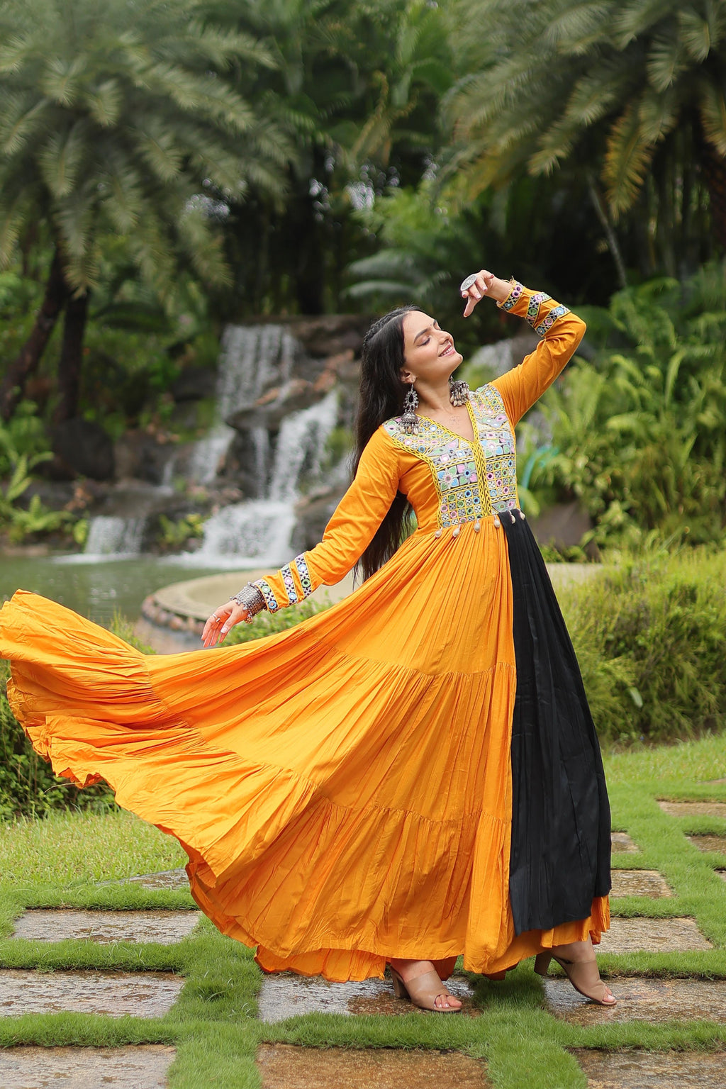 Lorenvalley Yellow Rayon Fabric With Kutchi Gamthi Work Gown