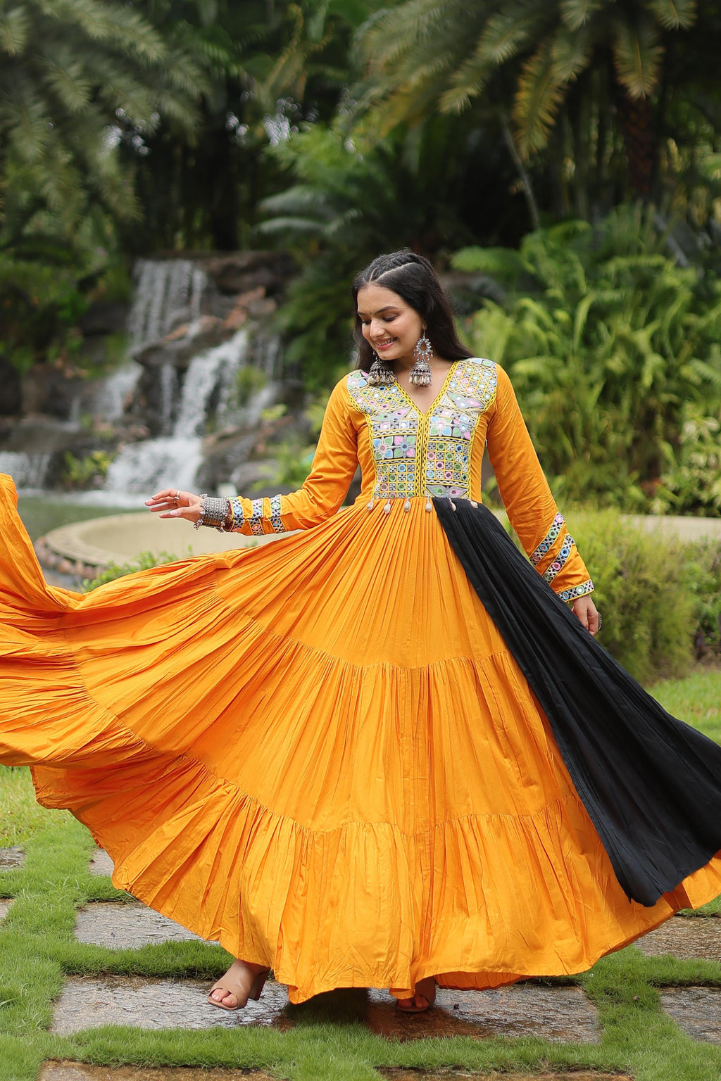 Lorenvalley Yellow Rayon Fabric With Kutchi Gamthi Work Gown