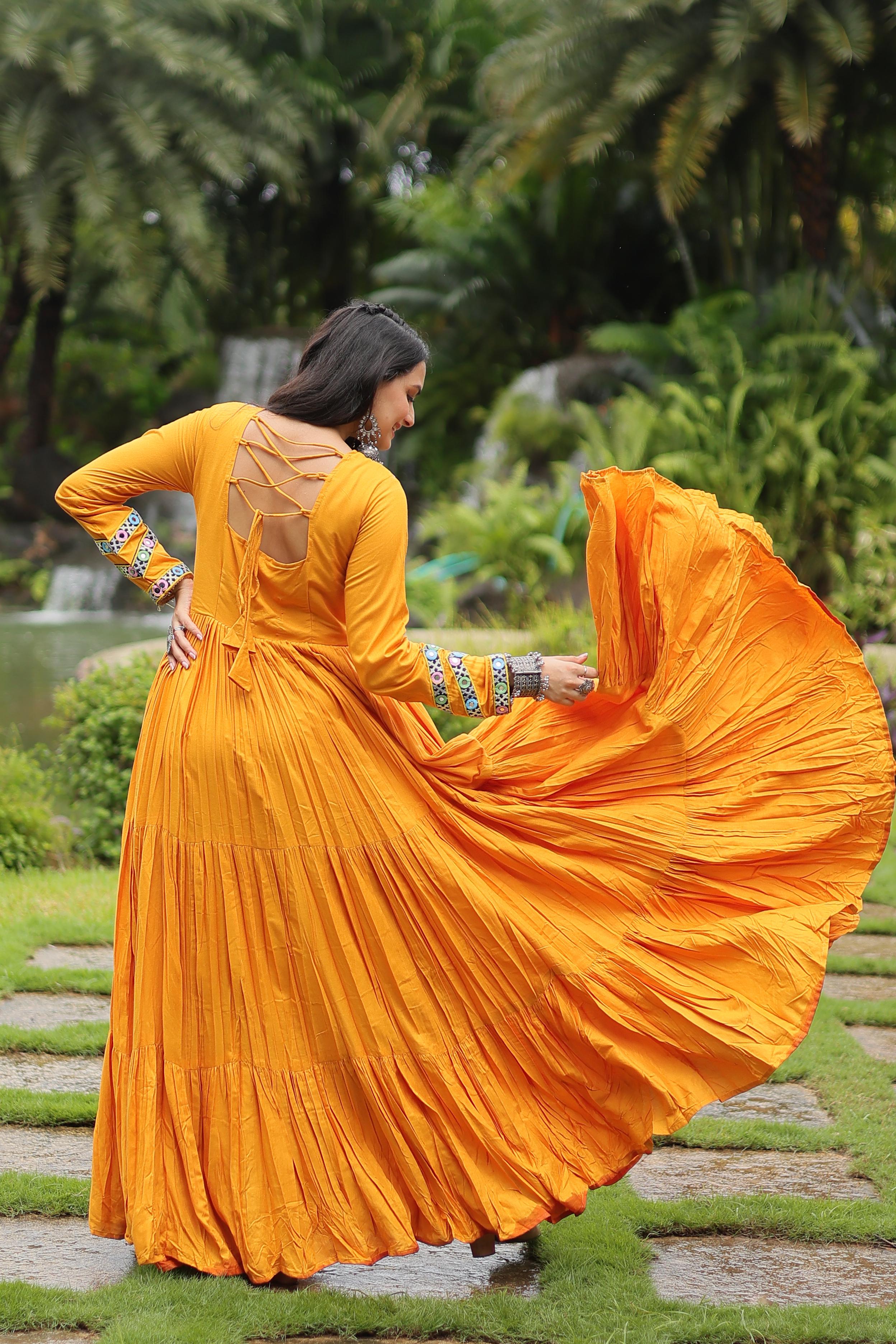 Lorenvalley Yellow Rayon Fabric With Kutchi Gamthi Work Gown