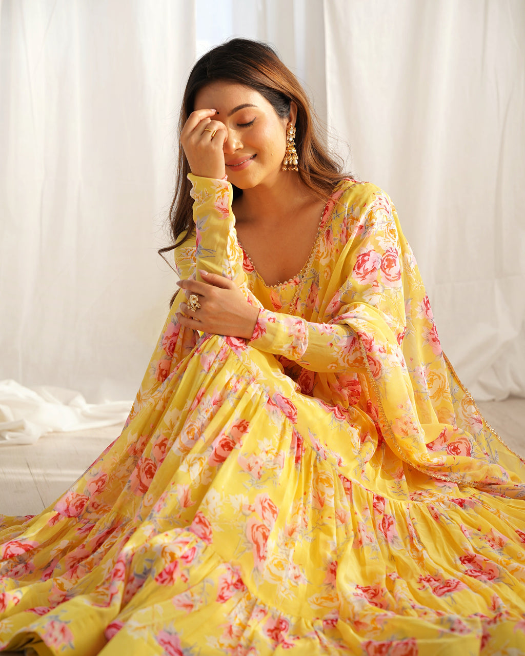 Lorenvalley Women Pure Soft Faux Georgette Floral Print Fully Flair Anarkali Kurta Pant With Dupatta Set - Yellow