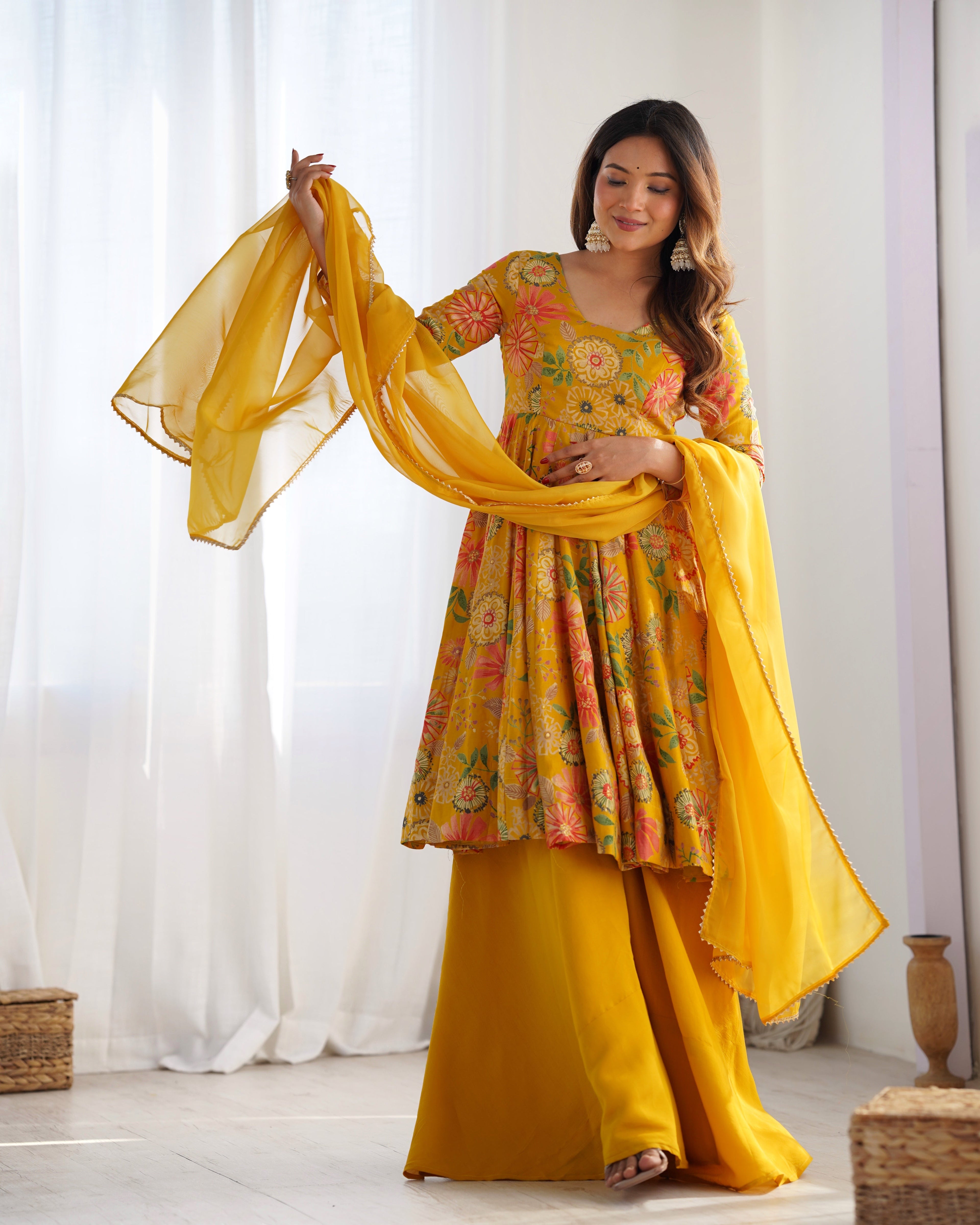 Lorenvalley Women Pure Soft Roman silk Chanderi Discharge Print Fabric Kediya Kurta Palazzo with Dupatta Set - Yellow