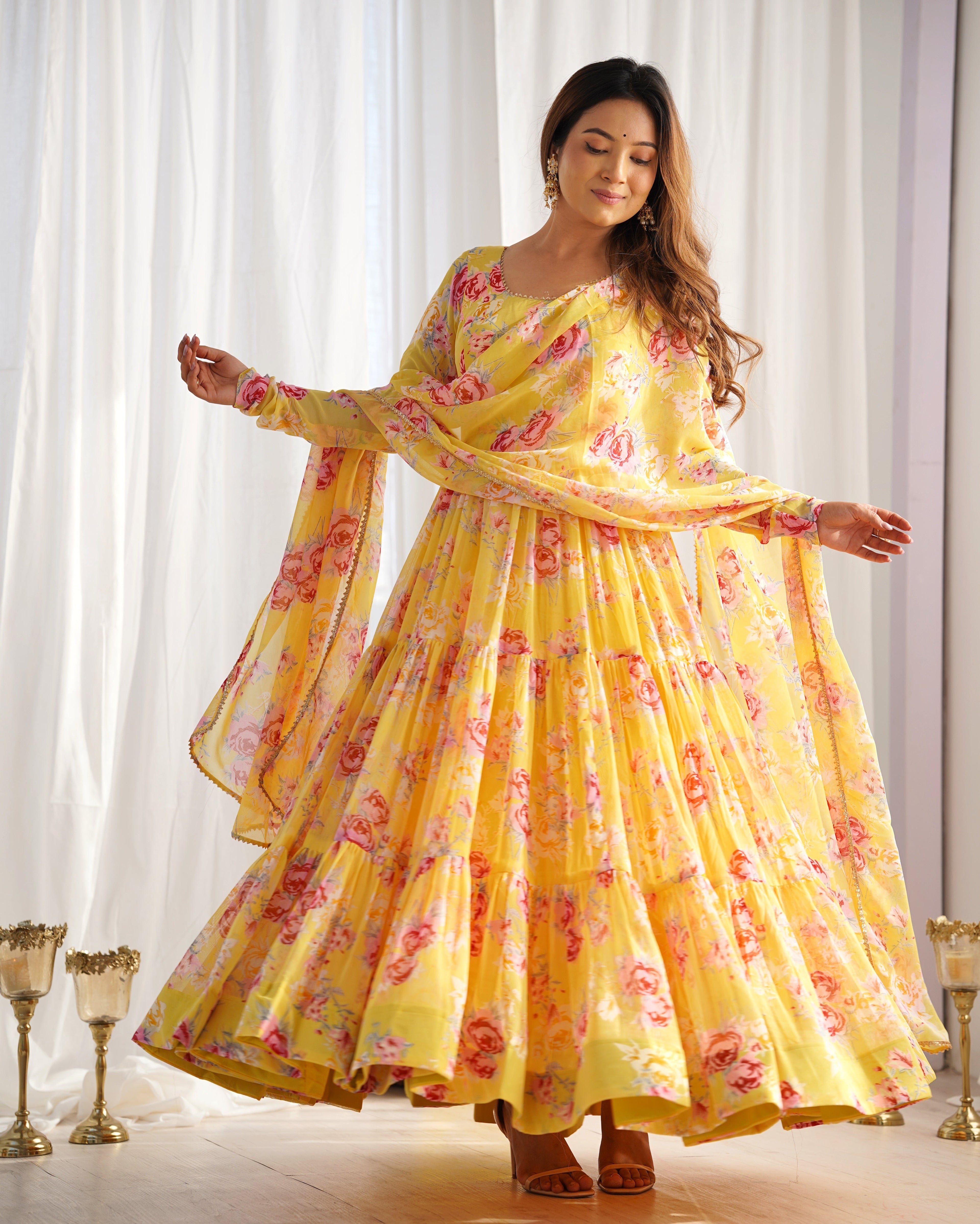 Lorenvalley Women Pure Soft Faux Georgette Floral Print Fully Flair Anarkali Kurta Pant With Dupatta Set - Yellow