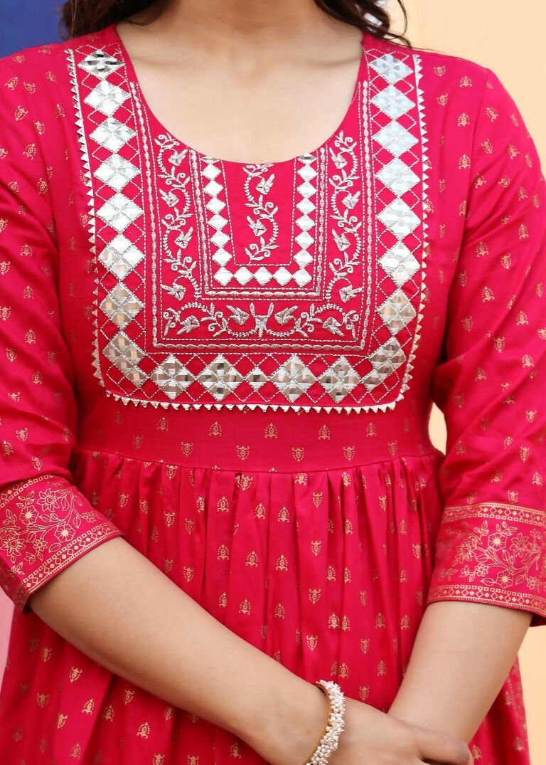Alvano Women's A-line Naira Cut Embroidery work Print Kurti with Pant and Dupatta set Rayon (Red)