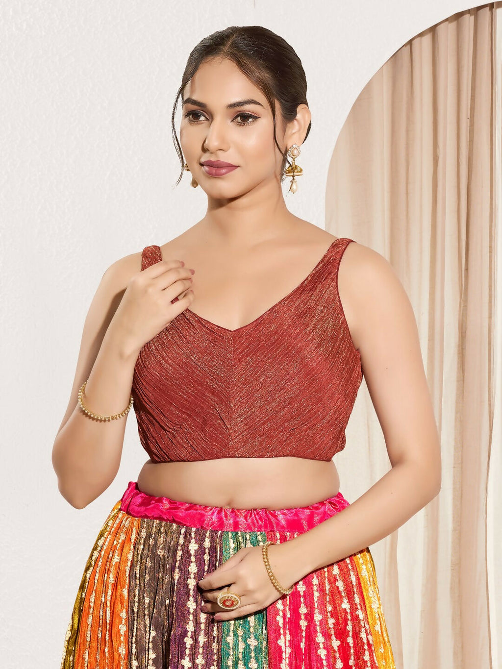 Joban Fashion Rust Tissue Padded Blouse With Sweetheart Neck Sleeveless