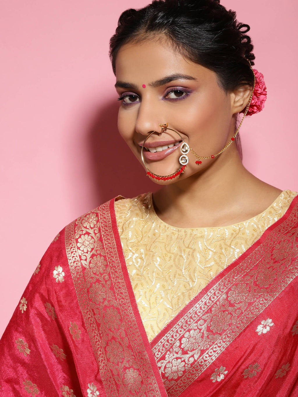 Gold-Polished White Red Kundan-Studded Pearl Beaded Nosepin - Ruby Raang