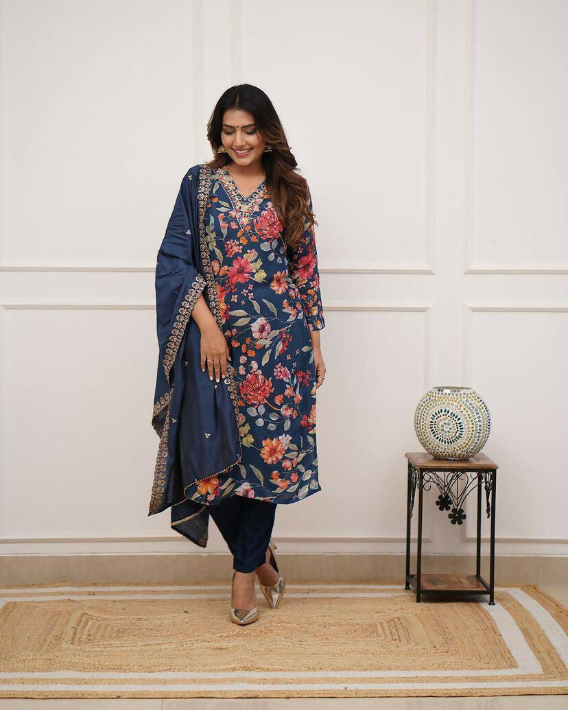 The52 Blue Women's Gorgeous Printed Pure Russian Silk Fabric Straight Kurta Pant with Dupatta Set