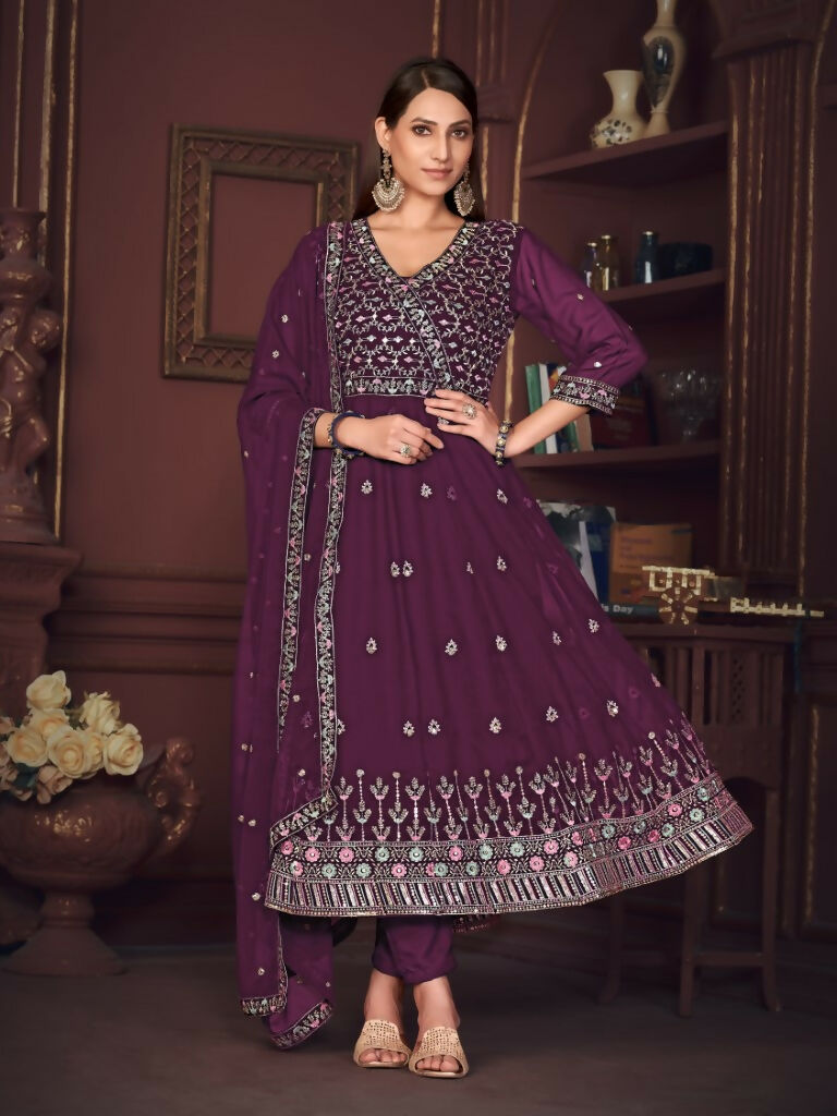 Jyoti Fashion Women's Purple Georgette Embroidered Anarkali Kurta Pant Set With Dupatta