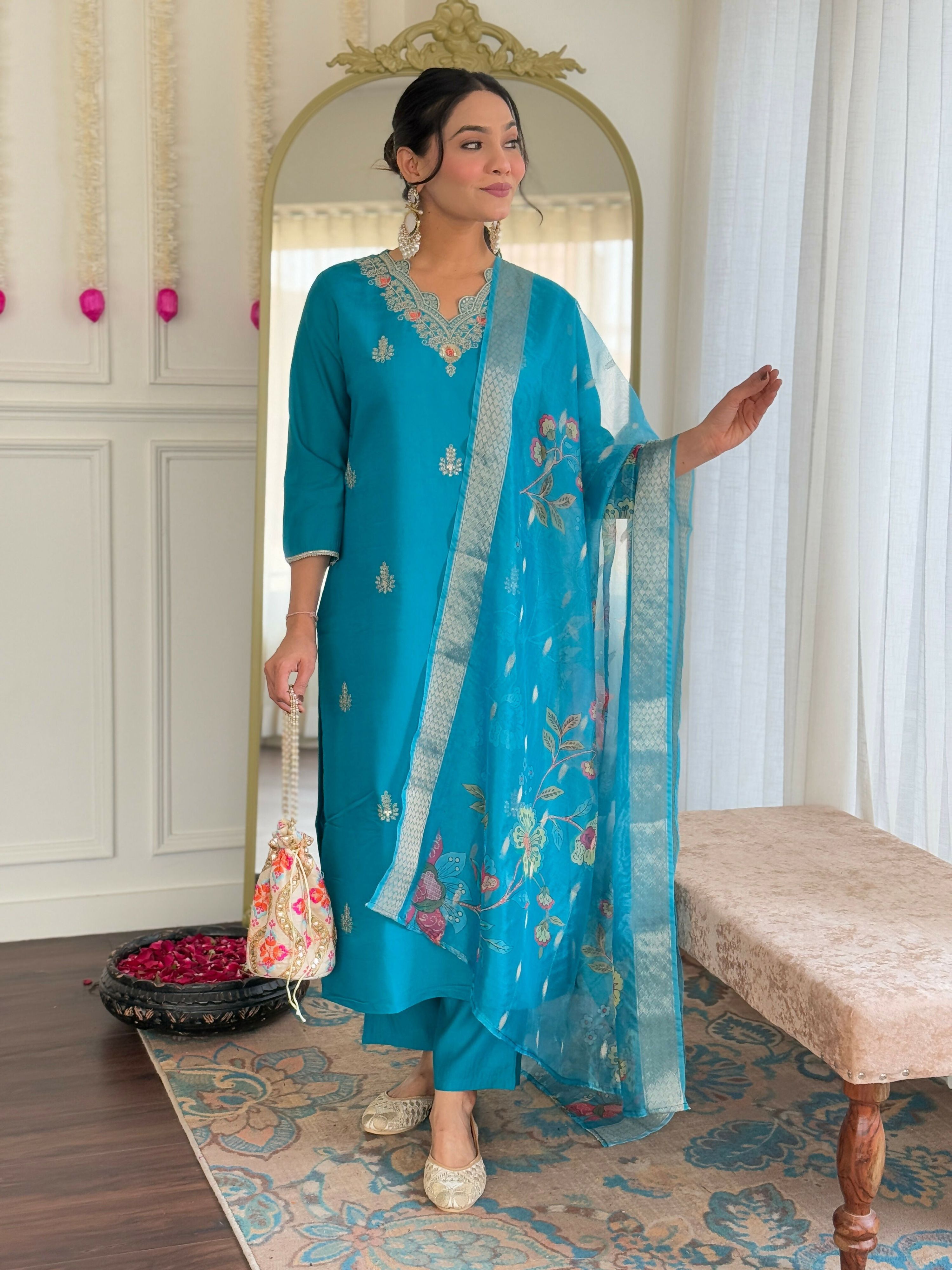The52 Blue Women's Gorgeous Viscose Fabric Embroidered Work Straight Kurta, Pant and Dupatta Set