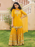 Juniper Women's Mustard Thread Embroidered Georgette Kurta Sharara And Dupatta Set With Sequins & Mirror Work