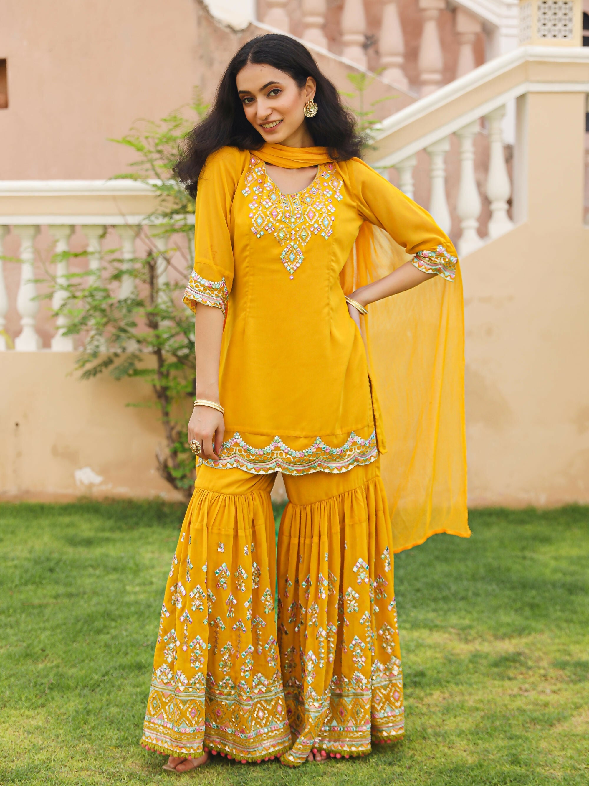 Juniper Women's Mustard Thread Embroidered Georgette Kurta Sharara And Dupatta Set With Sequins & Mirror Work