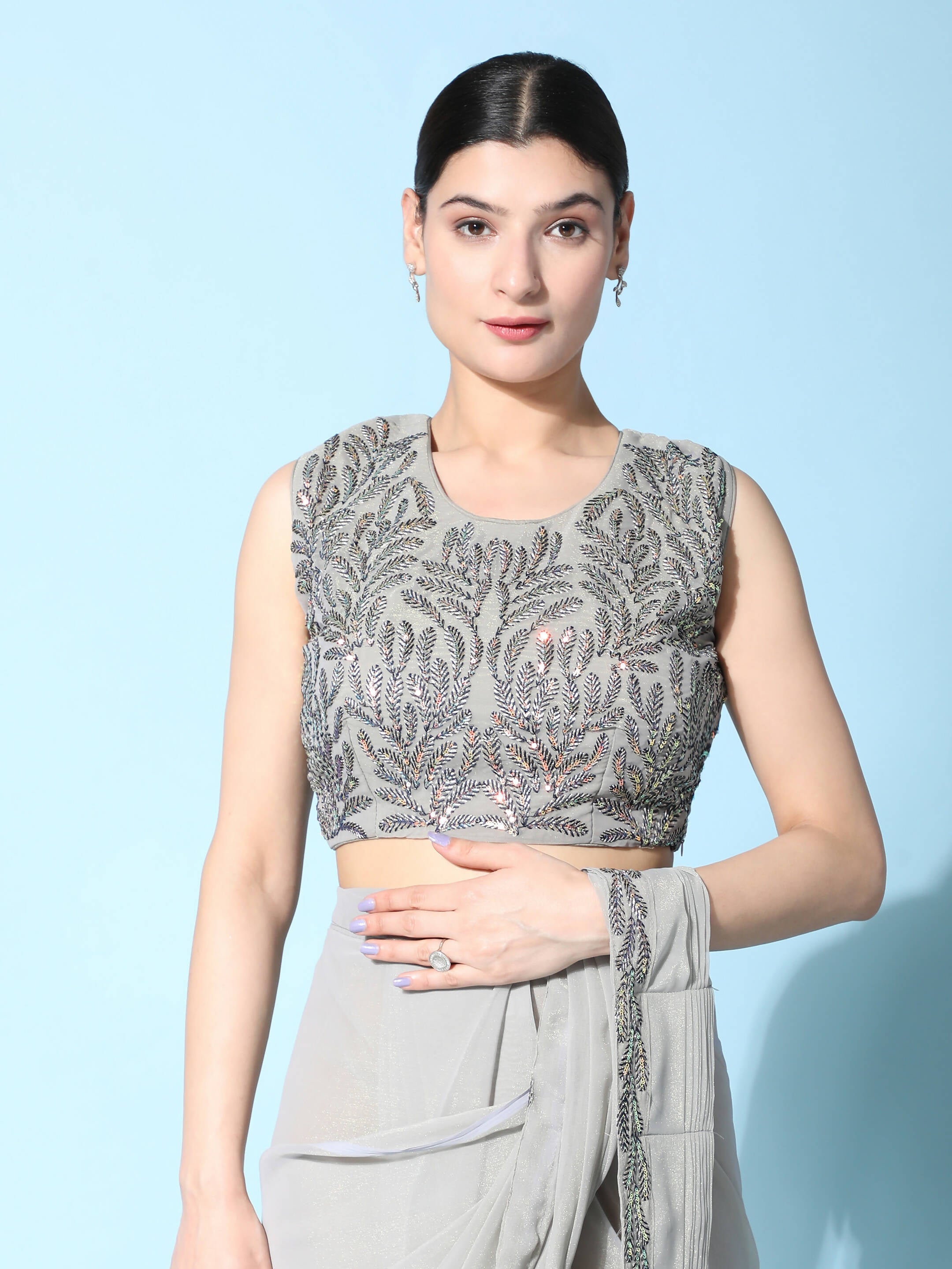Grey Fancy Pure Fabric Plain Ready to wear Saree with stitched Blouse - Vrinda