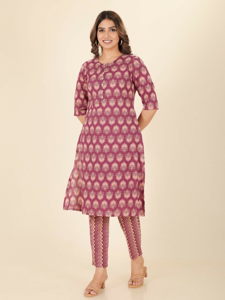 Aramya Pink Soft Cotton Floral Print A-line Kurta Set for Women