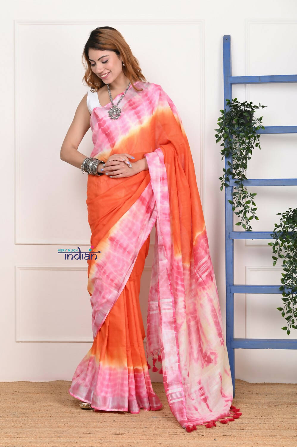 Very Much Indian Handmade Tie And Dye Cotton Saree By Women Weavers - Orange Pink