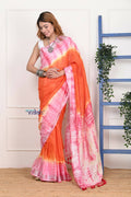 Very Much Indian Handmade Tie And Dye Cotton Saree By Women Weavers - Orange Pink
