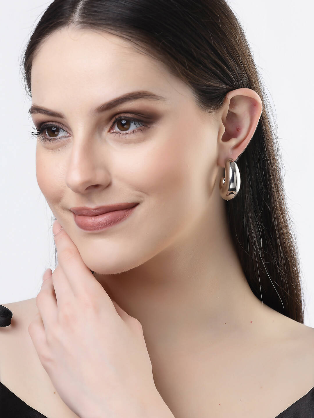 NVR Women Silver-Plated Circular-Shaped Half Hoop Earrings