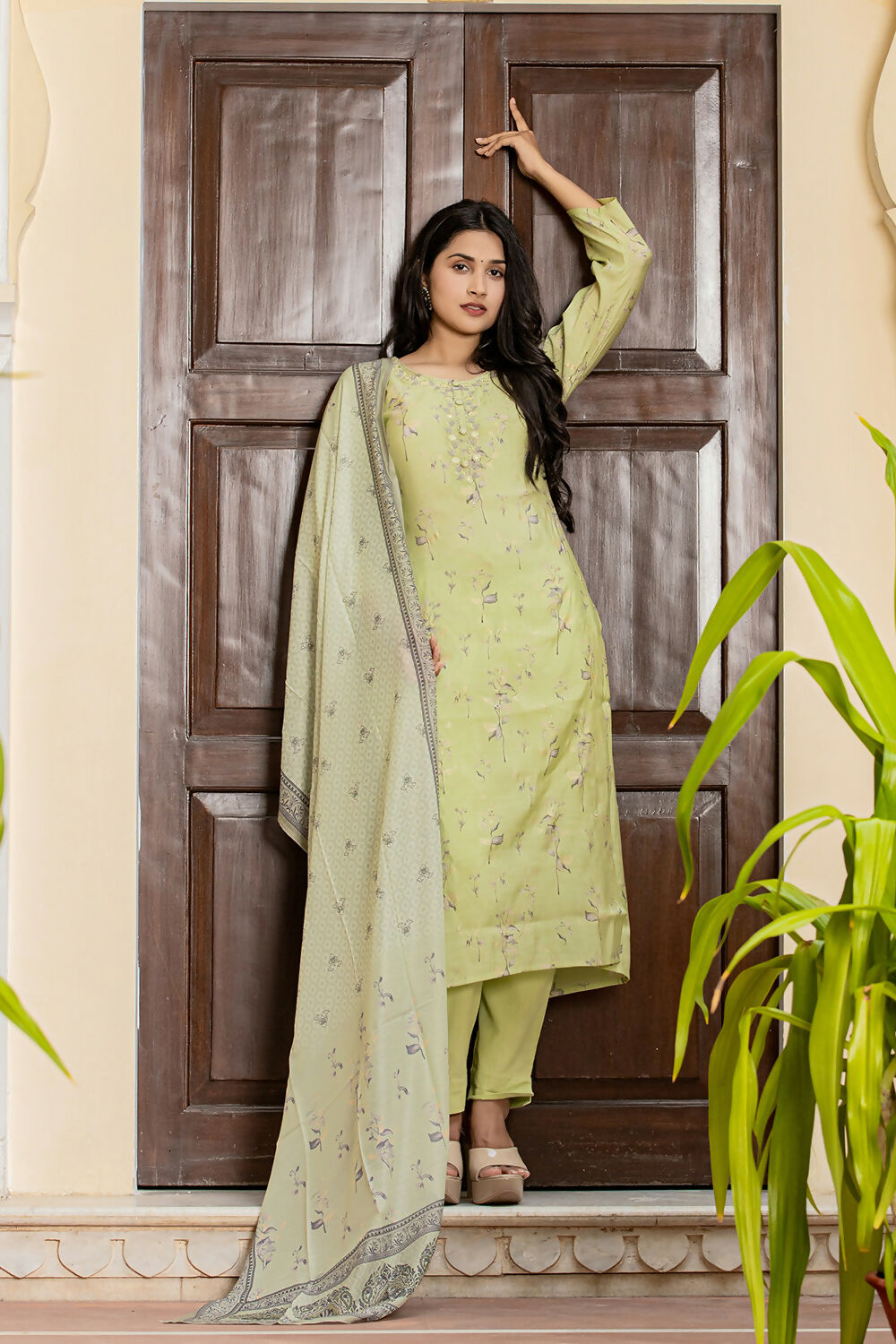 Kaajh Women's Green Printed Modal Silk Suit Set
