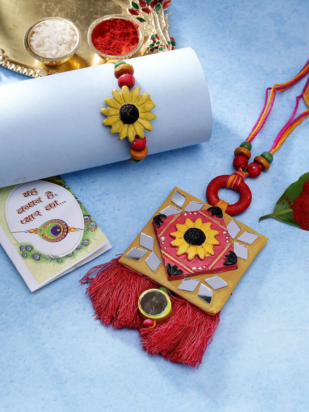 NVR Women & Men Set of 2 Red & Yellow Mirror Work Handcrafted Bhaiya Bhabi Rakhi With Roli Chawal & Chocolate