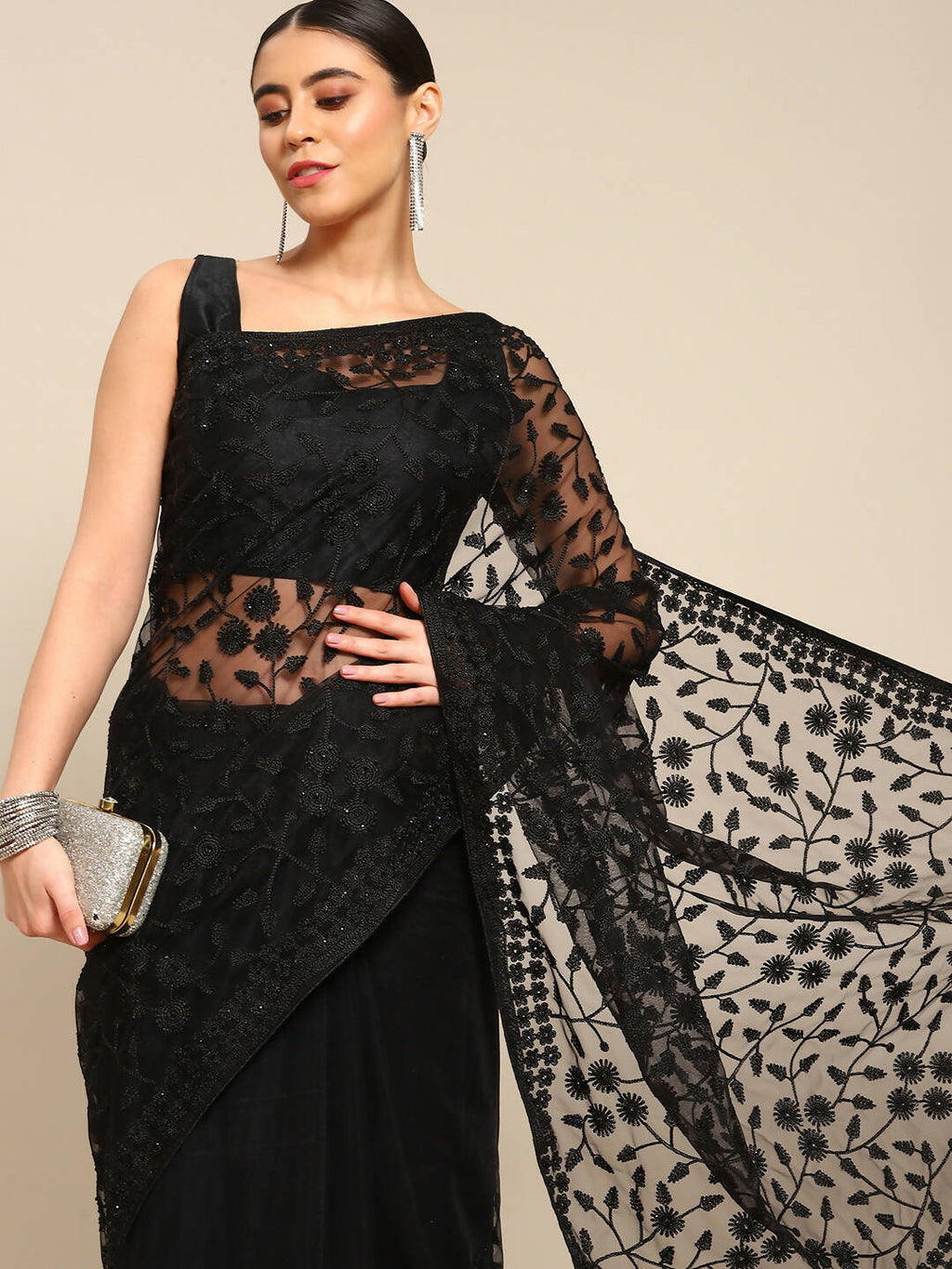 Black Woven Design Net Saree with Blouse Piece - Kalamkari