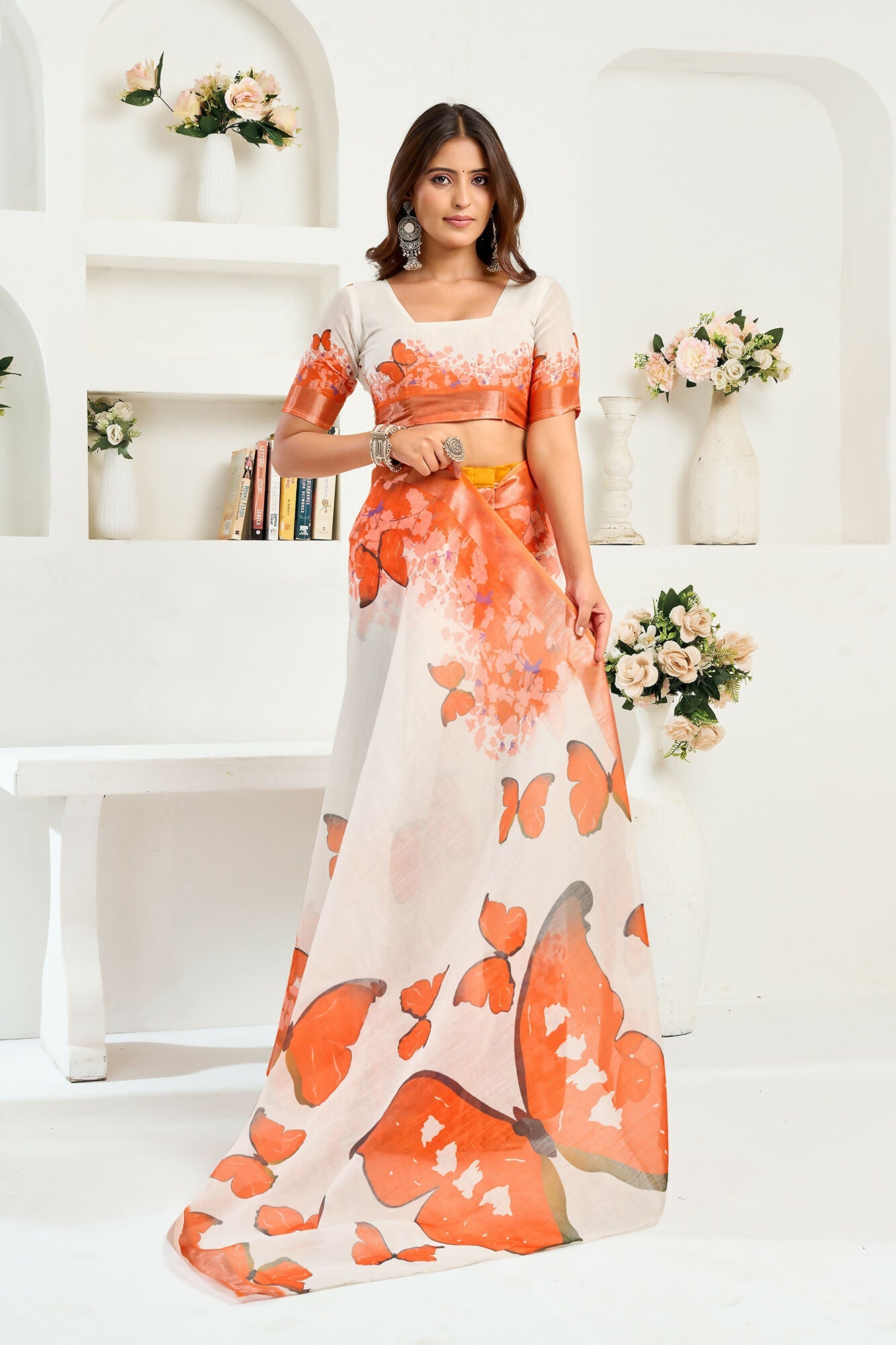 Vastranavya White Orange Digital Printed Linen Ready To Wear Designer Saree with Unstitched Blouse