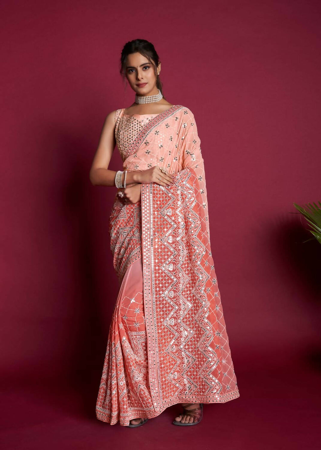 Vamsee Peach & White Georgette Designer Saree